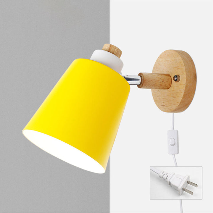 Minimalist Macaron Barrel Shade Wooden Chassis Plug 1-Light Wall Sconce Lamp for Living Room