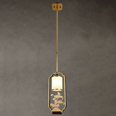 Modern Chinese Glass Shade Ring Brass Zen 1-Light Pendant Light