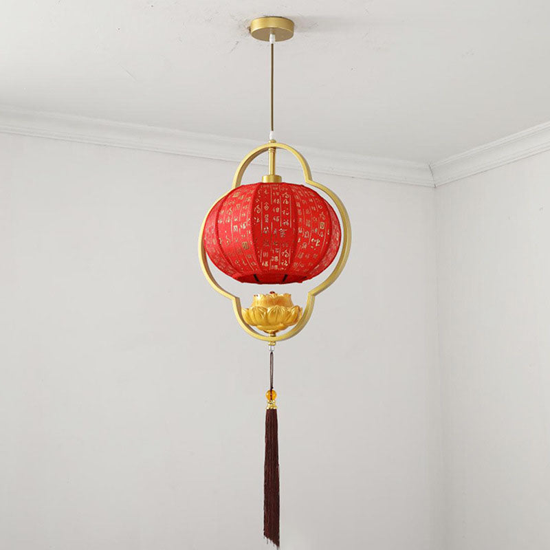 Moderne chinesische Laterne Stoff Eisen Zen 1-Licht Pendelleuchte 