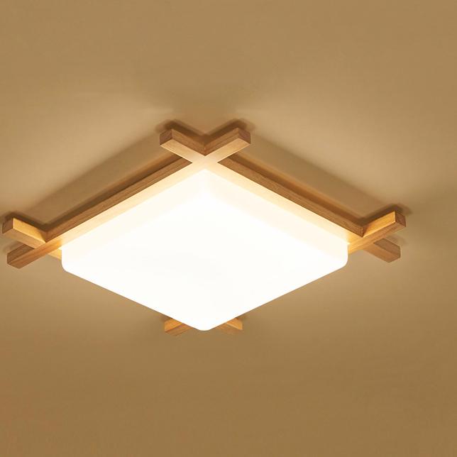 Moderne quadratische Deckenleuchte aus massivem Holz im japanischen Tatami-Stil mit LED 