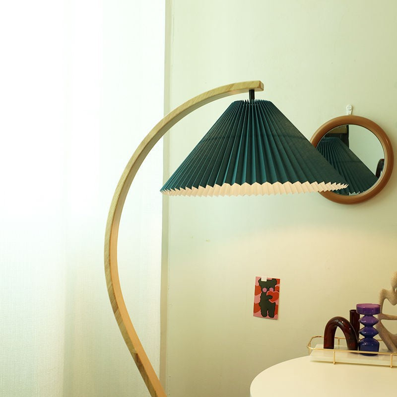 Traditional Japanese Pleated Cone PVC Fabric Iron Beech Wood 1-Light Standing Floor Lamp For Home Office