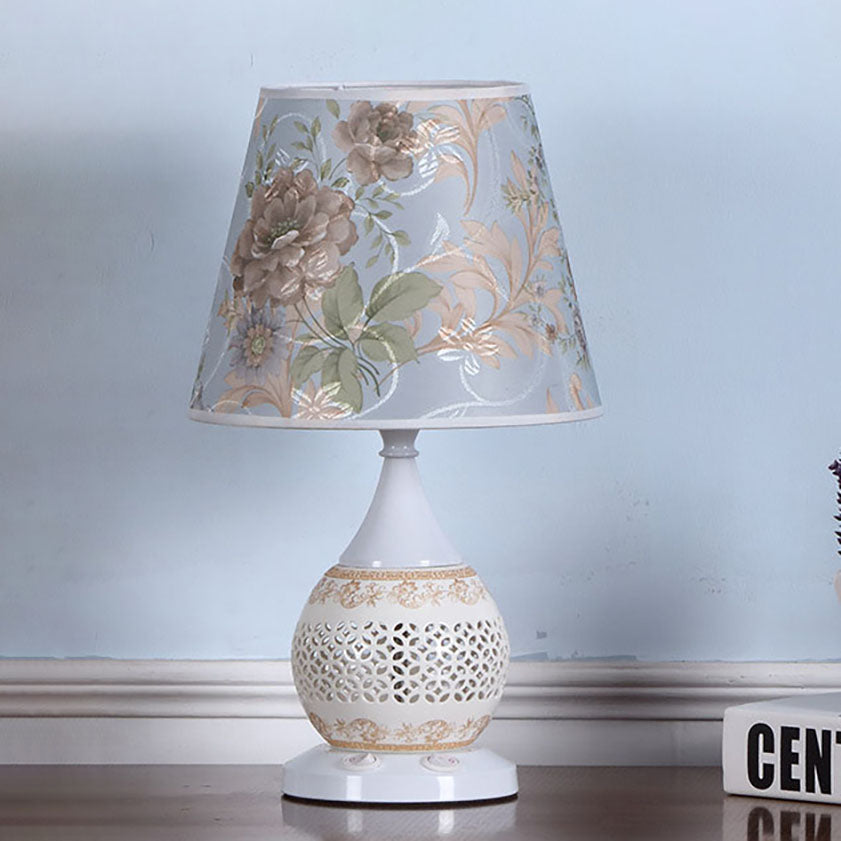 Traditional Chinese Ceramic Fabric Floral Cone 1-Light Table Lamp For Living Room &amp; Bedroom