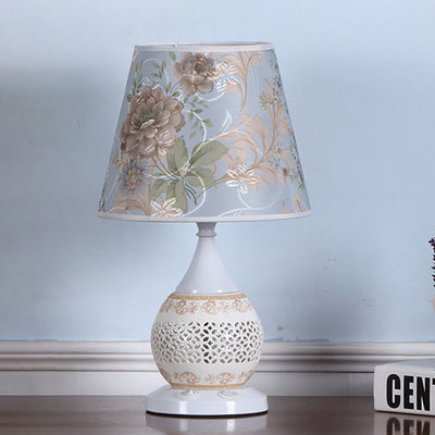 Chinese Minimalist Ceramic Floral Fabric Cone 1-Light Table Lamp