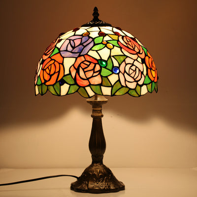 European Style Tiffany Gemstone Flower Dome 1-Light Table Lamp