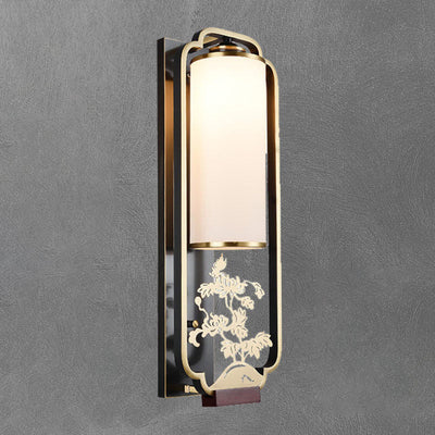 Modern New Chinese Copper Glass Column Ring 1-Light Wall Sconce Lamp