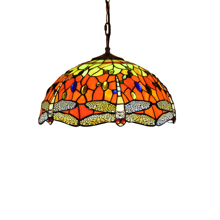 Tiffany European Dragonfly Stained Glass Dome 1-Light Pendant Light