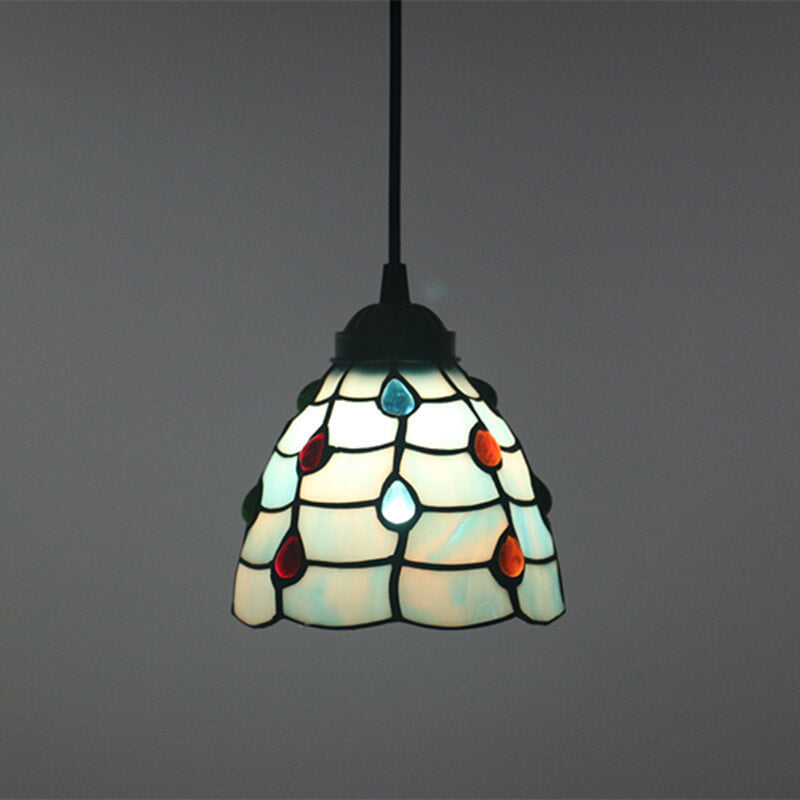 Tiffany European Gemstone Stained Glass Round 1-Light Pendant Light