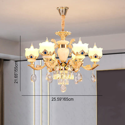 Modern Luxury Floral Candelabra Zinc Alloy Crystal Jade 6/8/10/15 Light Chandelier