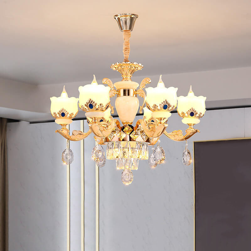 Modern Luxury Floral Candelabra Zinc Alloy Crystal Jade 6/8/10/15 Light Chandelier