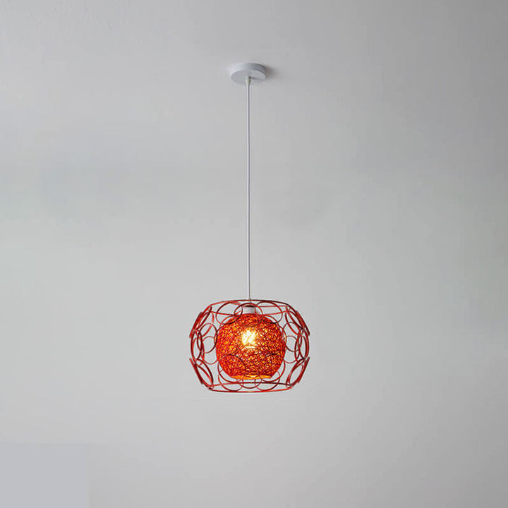 Modern Minimalist Weaving Hemp Ball Iron Drum 1-Light Pendant Light for Living Room
