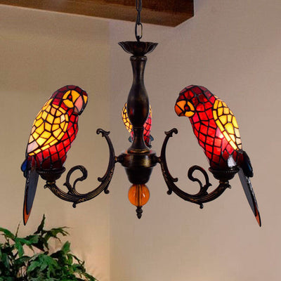 Tiffany Vintage Parrot Hardware Stained Glass 1/3 Light Chandelier