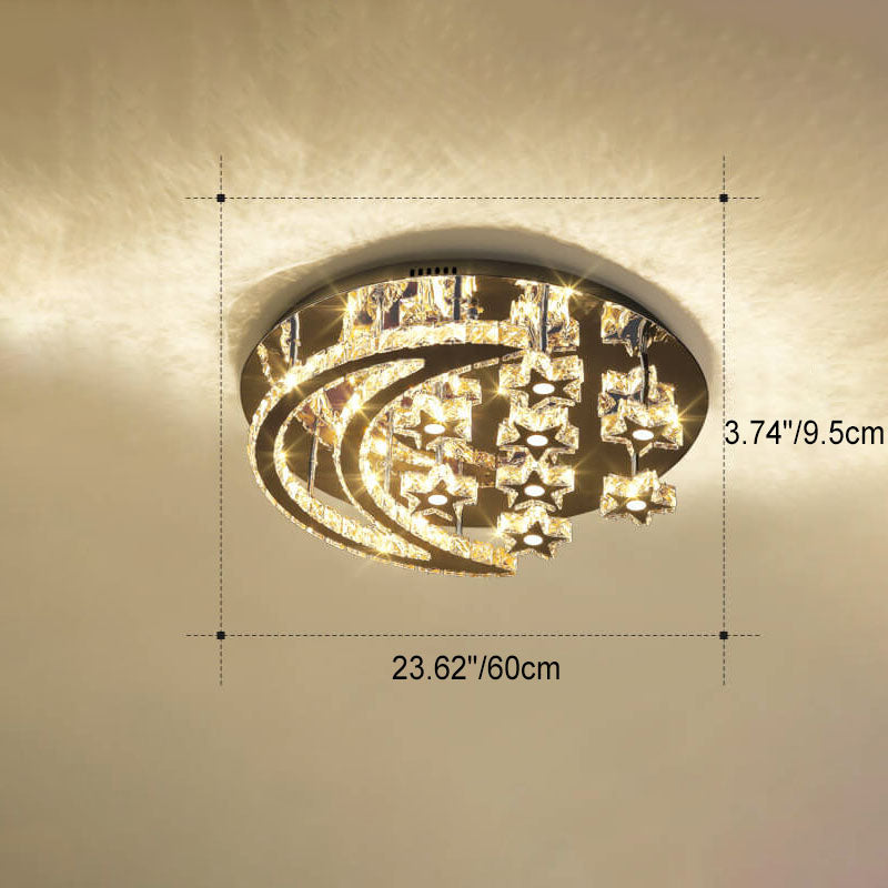 Modern Romantic Stainless Steel Crystal Star Moon LED Flush Mount Ceiling Light