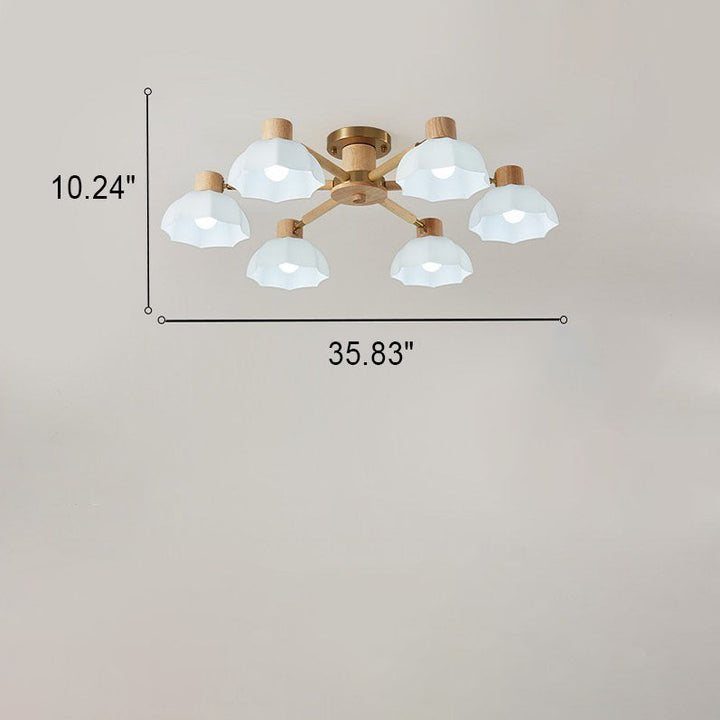 Plafón de techo tradicional japonés Wabi-sabi de madera de caucho, herrajes y vidrio de 3/6/8 luces para sala de estar 