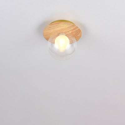 Japanese Minimalist Glass Iron Woodgrain 1-Light Semi-Flush Mount Ceiling Light