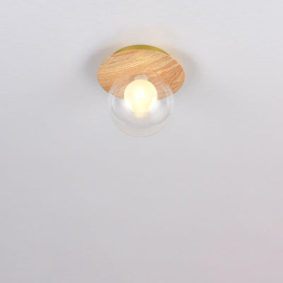 Japanische minimalistische Glas-Eisen-Woodgrain-Deckenleuchte mit 1 Licht, halbbündige Montage