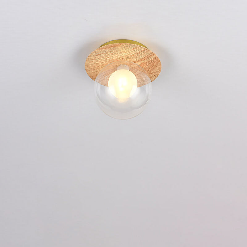 Japanese Minimalist Glass Iron Woodgrain 1-Light Semi-Flush Mount Ceiling Light