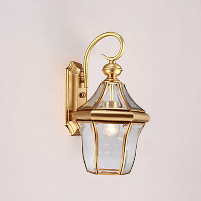 European Modern Luxury Hexagonal Lantern Brass Glass Waterproof 1-Light Outdoor Wall Sconce Lamp