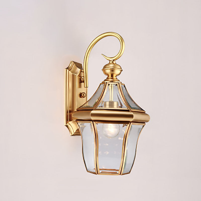 European Modern Luxury Hexagonal Lantern Brass Glass Waterproof 1-Light Outdoor Wall Sconce Lamp