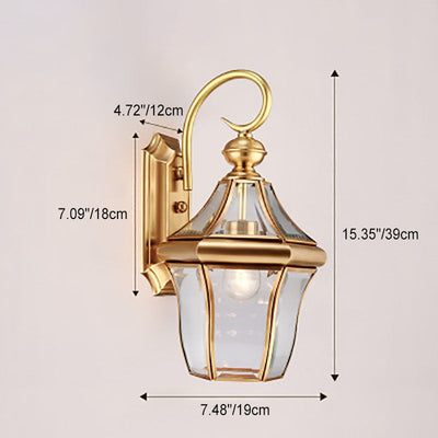 European Modern Luxury Hexagonal Lantern Brass Glass Waterproof 1-Light Outdoor Wall Sconce Lamp