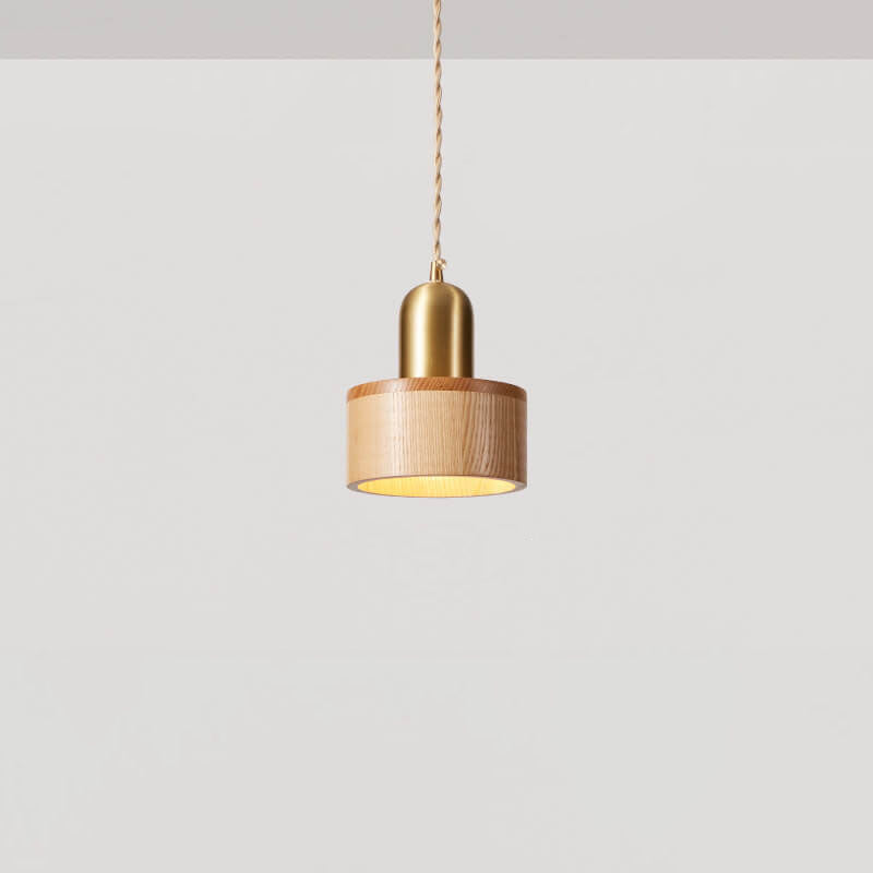 Traditional Vintage Ash Wood Walnut Geometric Round Cone Brass 1-Light Pendant Light for Living Room