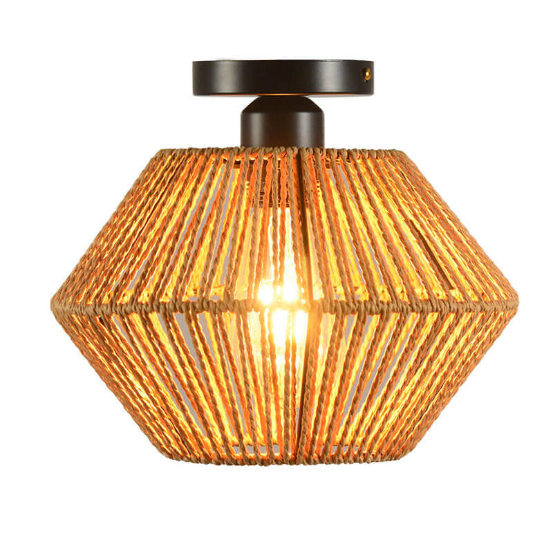 Traditional Vintage Solid Wood Rope Weaving Lantern Cage Wood 1-Light Pendant Ceiling Light for Living Room