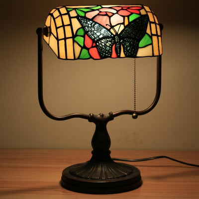 Tiffany Floral Butterfly Stained Glass 1-Light Bank Zipper Table Lamp