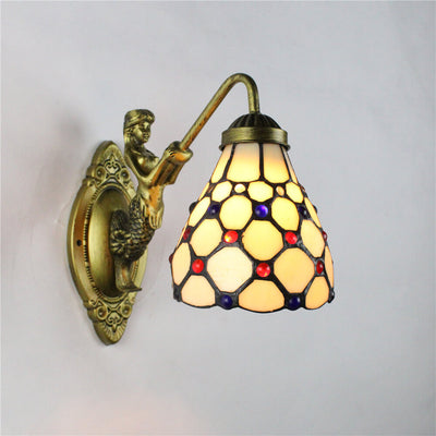 Vintage Tiffany Mediterranean Conical Stained Glass 1-Light Wall Sconce Lamp