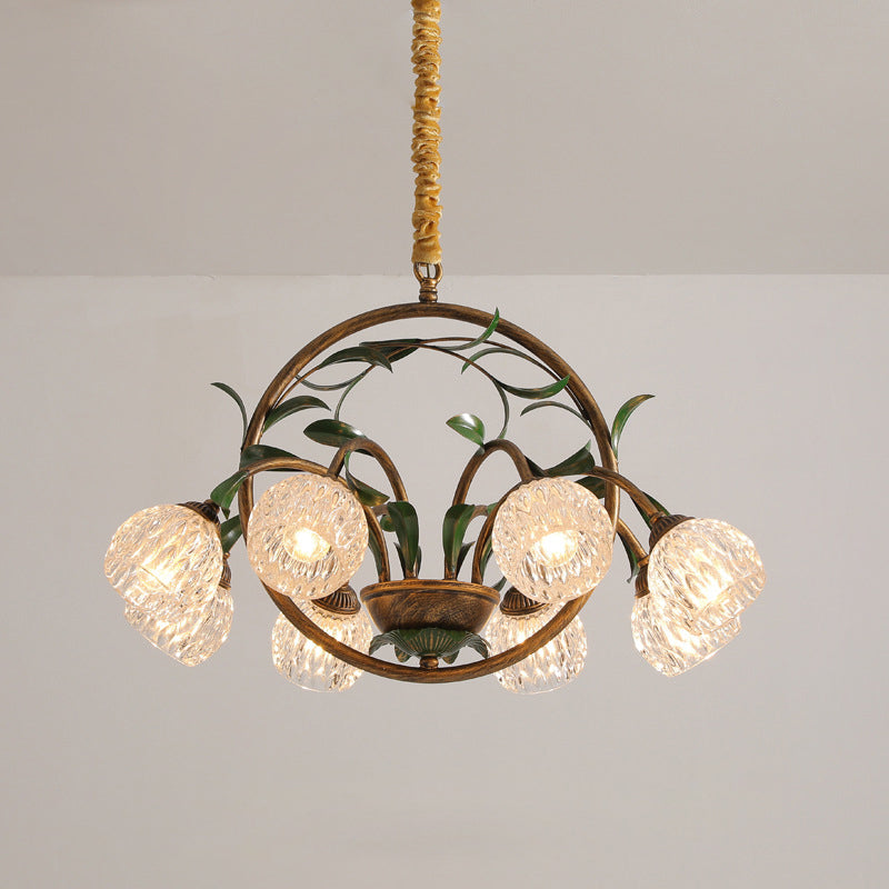 Modern Art Deco Iron Lacquered Ring Tulip Glass Crystal Shade 6/8-Light Chandelier For Living Room