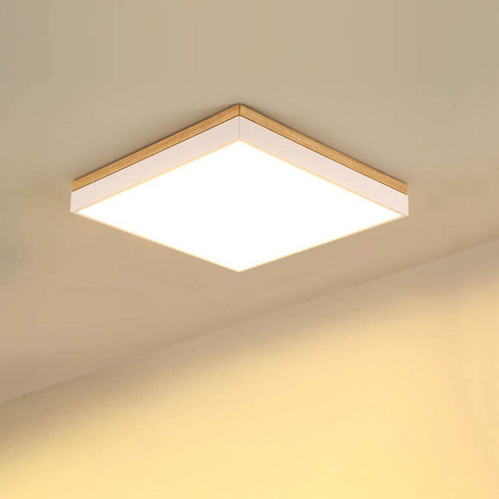 Moderne minimalistische LED-Deckenleuchte zur flachen Montage aus massivem Holz und Acryl in quadratischer Rechteckform für das Wohnzimmer 