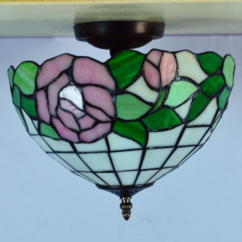 Traditional Tiffany Stained Glass Iron Bowl Round 2-Light Semi-Flush Mount Ceiling Light for Living Room