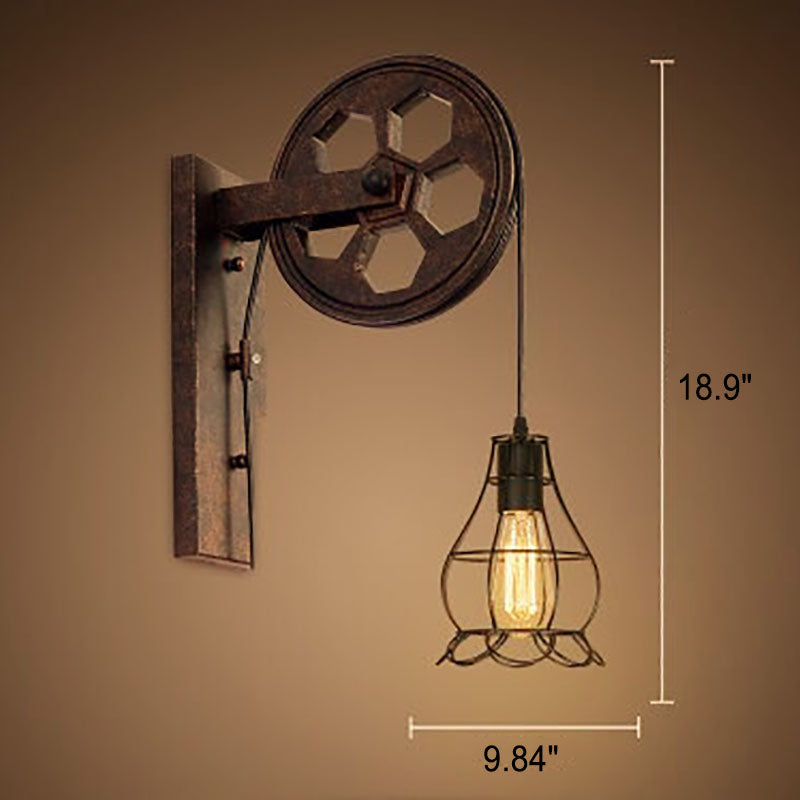 Traditional Vintage Pulley Iron Wood 1-Light Wall Sconce Lamp