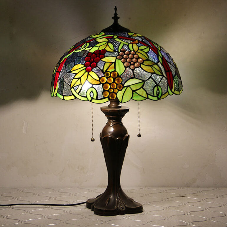 Lampe de table Tiffany avec fleur rétro européenne en verre teinté à 1 lumière avec cordon de tirage 