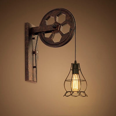 Vintage Industrial Pulley Iron 1-Light Wall Sconce Lamp