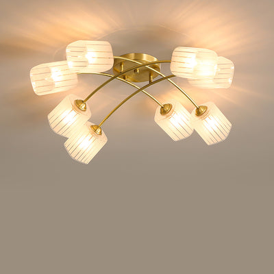 Nordic Vintage Frosted Square Glass Brass 6/8 Light Semi-Flush Mount Ceiling Light