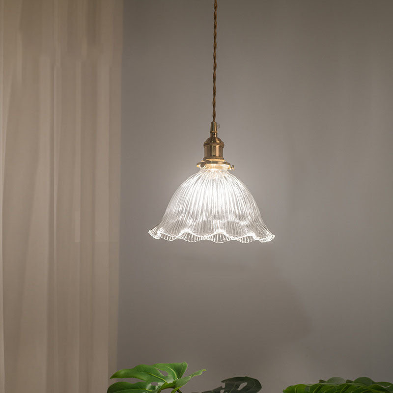 Traditional Vintage Clear Glass Flower Shape Brass 1-Light Pendant Light For Living Room