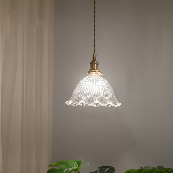 Traditional Vintage Clear Glass Flower Shape Brass 1-Light Pendant Light For Living Room