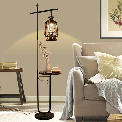 European Vintage Simple Lantern Table Iron Wood Marble 1-Light Standing Floor Lamp