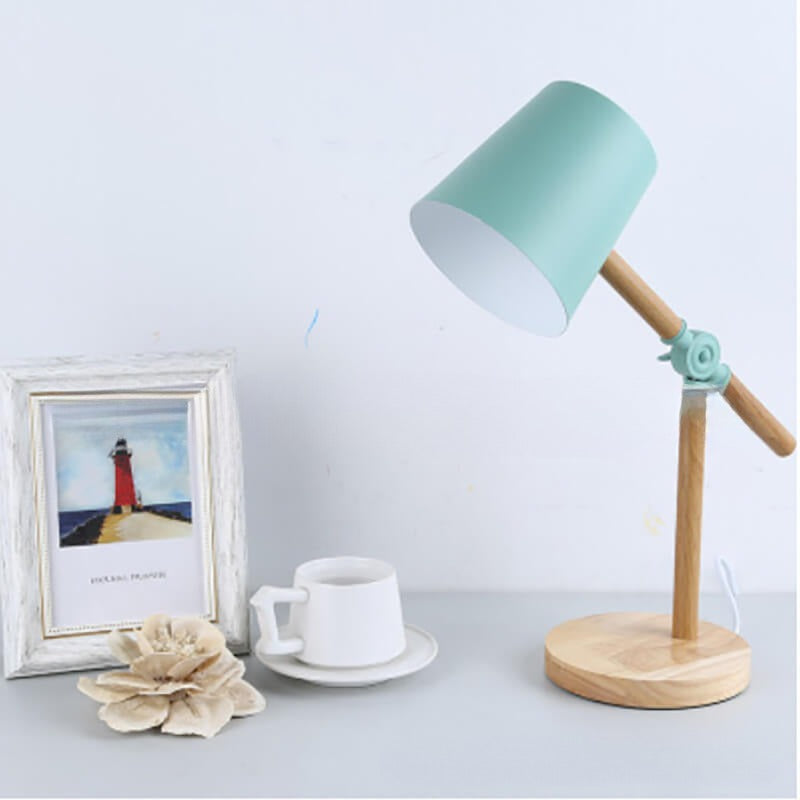 Macaron Creative Iron Cylinder Wooden Base 1-Light Table Lamp