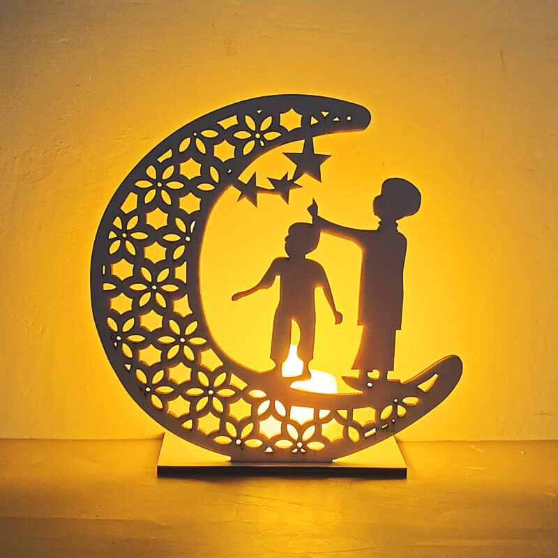 Eid Creative Moon Wooden LED Night Light Decorative Table Lamp