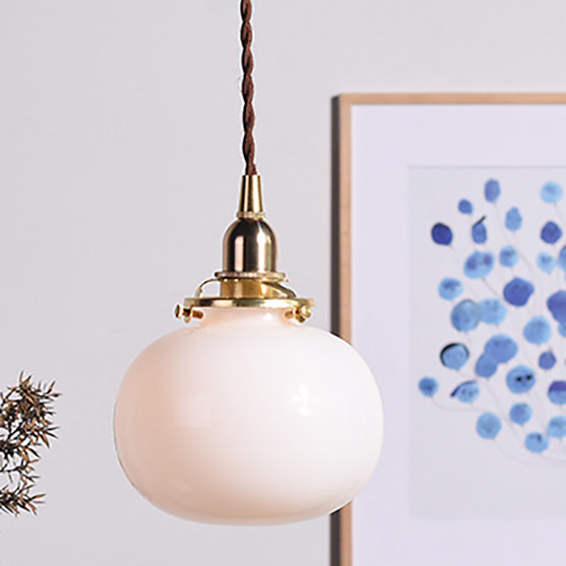 Traditionelle japanische Messingglas-Kürbisschirm-Pendelleuchte mit 1 Licht für Wohnzimmer 