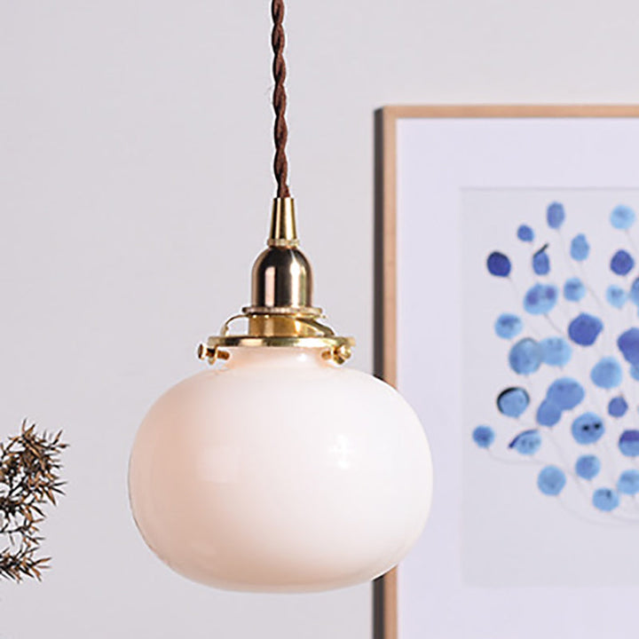 Traditionelle japanische Messingglas-Kürbisschirm-Pendelleuchte mit 1 Licht für Wohnzimmer 