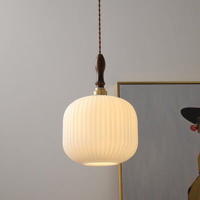 Japanese Modern Minimalist Lantern Walnut Brass Glass 1-Light Pendant Light