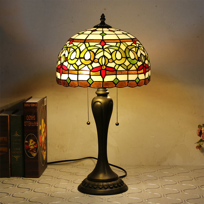 Vintage Tiffany Baroque Stained Glass Dome Pull Cord 1-Light Table Lamp