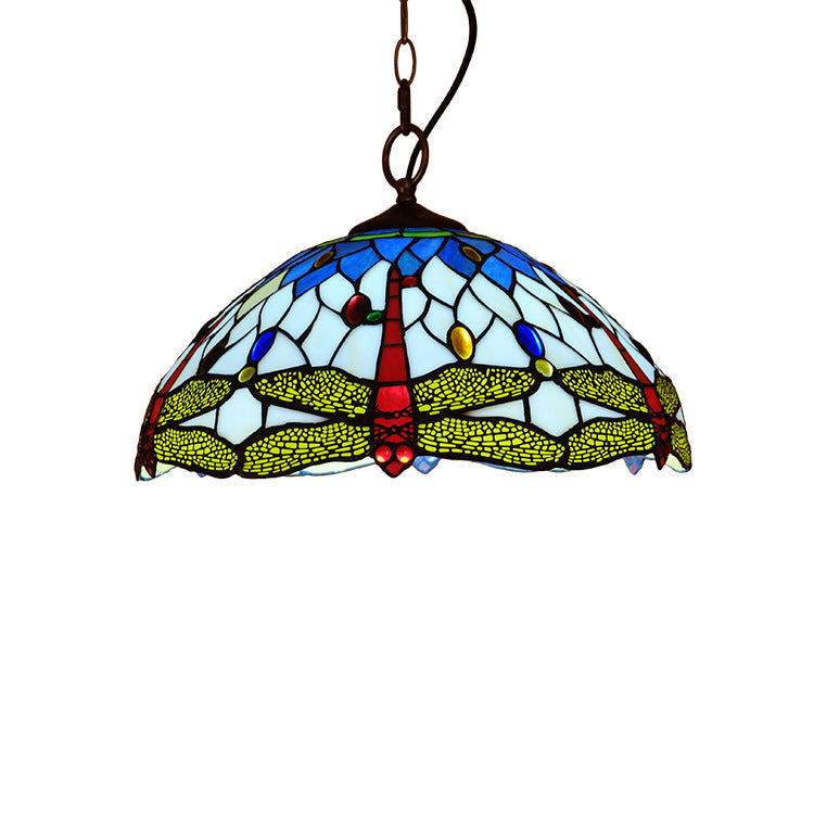 Tiffany European Dragonfly Stained Glass Dome 1-Light Pendant Light