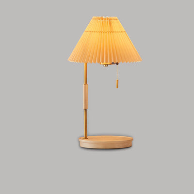 Modern Pleated Shade Walnut Wood Round Base 1-Light Table Lamp