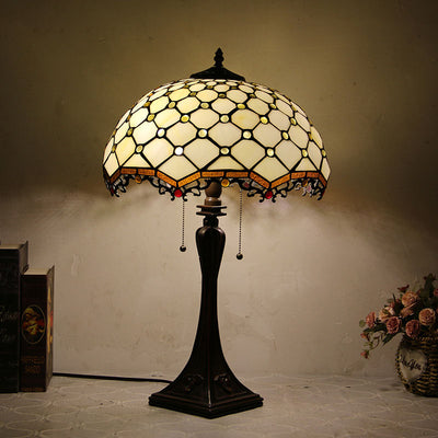 Lámpara de mesa de 2 luces con cordón de tiro en forma de cono de vidrio teñido estilo Tiffany Mediterráneo 
