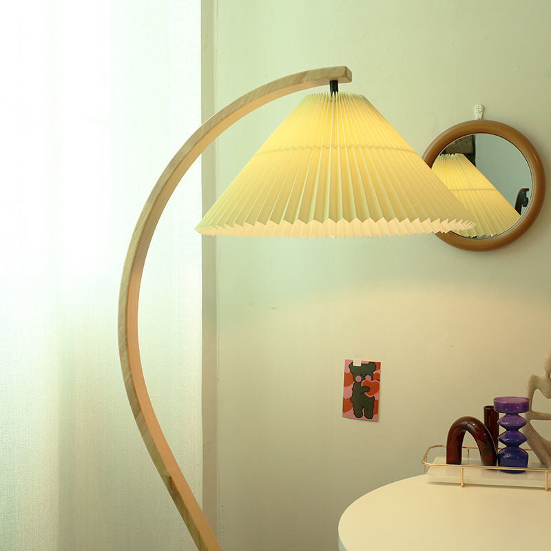 Traditional Japanese Pleated Cone PVC Fabric Iron Beech Wood 1-Light Standing Floor Lamp For Home Office