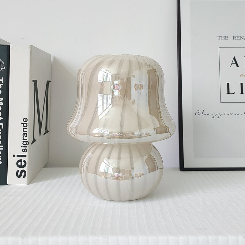 French Cream Handmade Glass Mushroom 1-Light Table Lamp