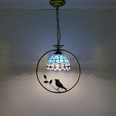 Tiffany Rustic Dome Stained Glass Ring Bird Design 1-Light Pendant Light