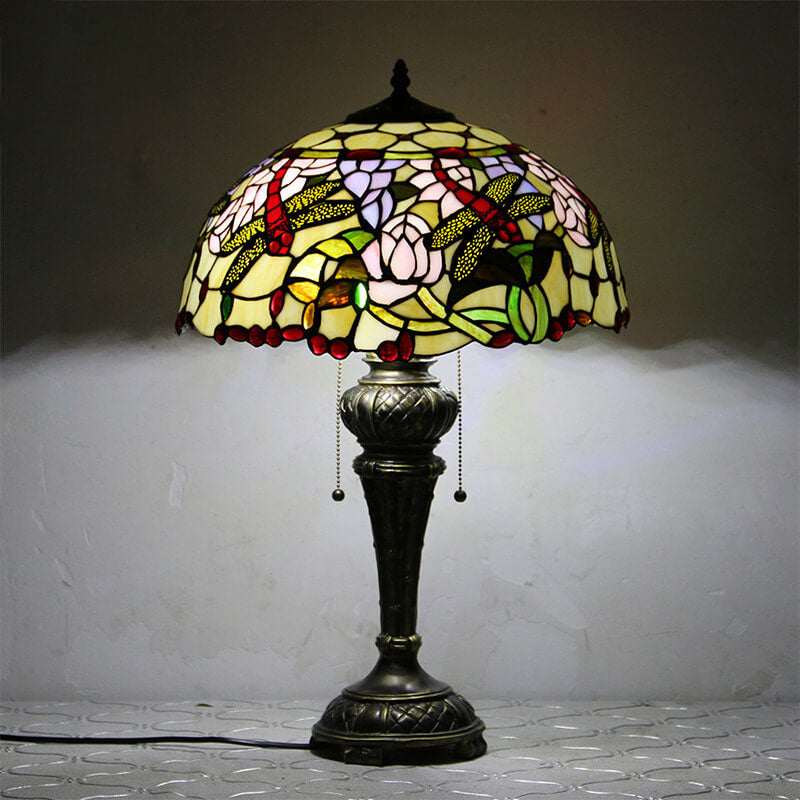 European Vintage Tiffany Dragonfly Peacock Glass Resin 1-Light Table Lamp